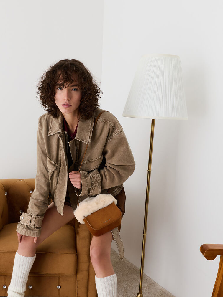 Girls' Wendy Faux Fur Tote Bag, Brown, hi-res