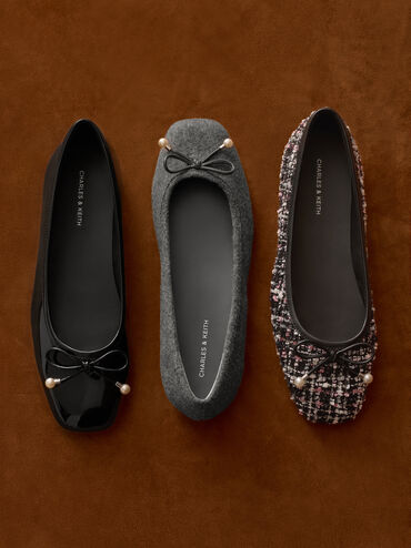 Sepatu Ballet Flats Pearl-Embellished Bow Barbara Patent, Black Patent, hi-res