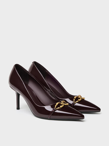 Sepatu Pumps Pointed Metallic-Buckle Patent, Burgundy, hi-res