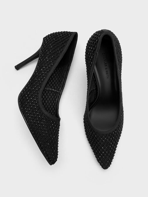 Sepatu Pumps Pointed-Toe Mesh Crystal-Embellished, Black Textured, hi-res