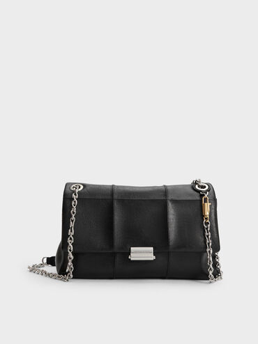 Tas Bahu Chain-Strap Quilted Delfina, Black, hi-res