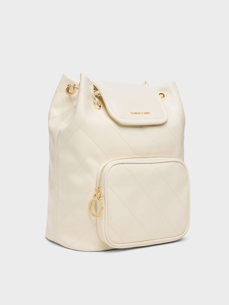Tas Bucket Flont-Flap Quilted Apfra, Cream, hi-res