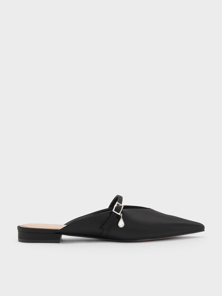 Sepatu Mules Teardrop-Crystal Flat Satin, Black Textured, hi-res