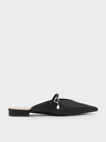Sepatu Mules Teardrop-Crystal Flat Satin, Black Textured, hi-res