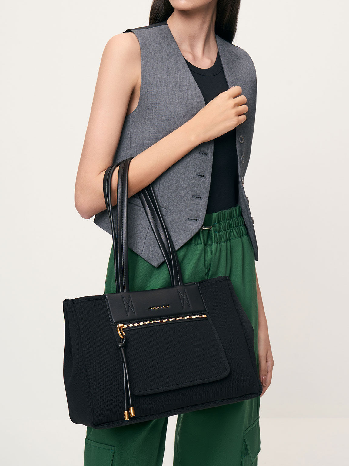 Knit & Nylon Tote Bag, Black, hi-res