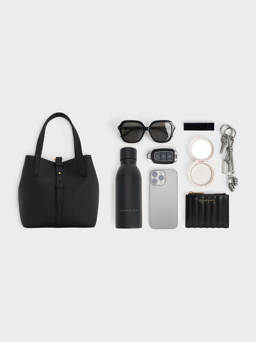 Tas Bucket Belted Double-Handle Recycled Leather Beryl, Black, hi-res