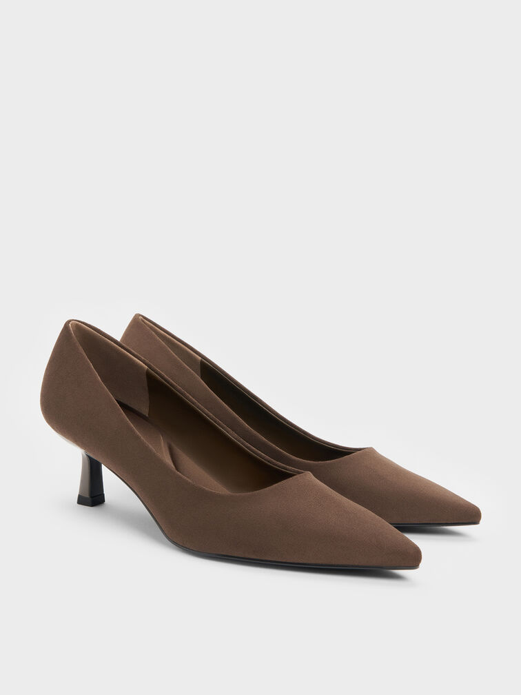 Sepatu Pumps Pointed Emmy Faux Suede, Dark Brown Textured, hi-res
