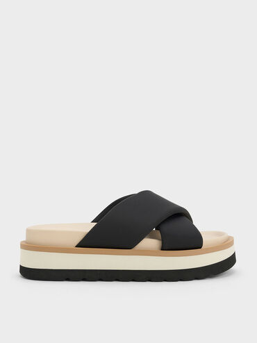 Crossover Platform Slide Sandals, Black, hi-res