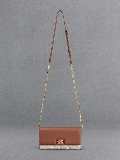Leather & Canvas Chain-Strap Wallet, Cognac, hi-res