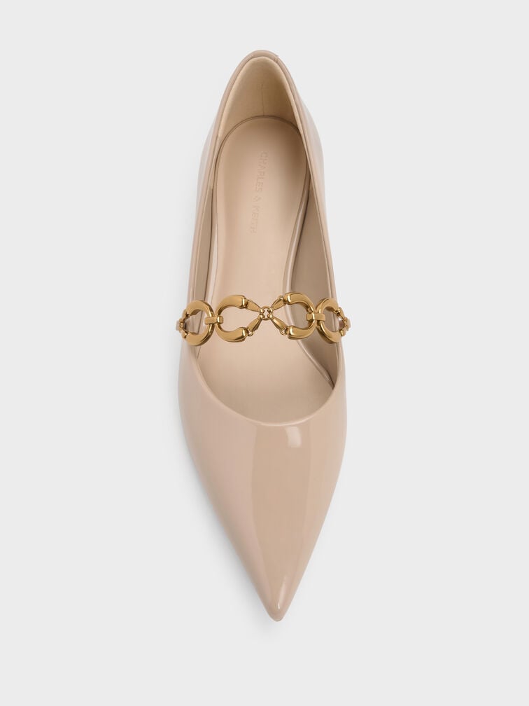 Patent Metallic-Accent Ballet Flats, Nude, hi-res
