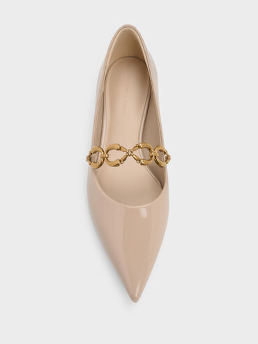Sepatu Flats Ballet Metallic-Accent Patent, Nude, hi-res