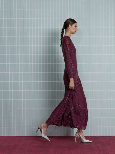 Sepatu Pumps Slingback Stiletto-Heel Teardrop-Crystal Satin, Silver, hi-res