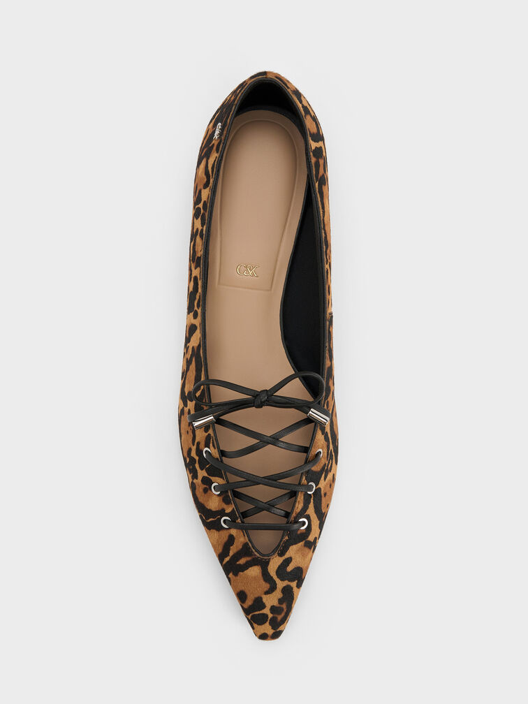 Sepatu Flats Lace-Tie Leopard-Print Jianna Calf Hair, Animal Print Brown, hi-res