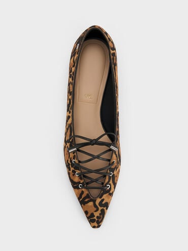 Sepatu Flats Lace-Tie Leopard-Print Jianna Calf Hair, Animal Print Brown, hi-res