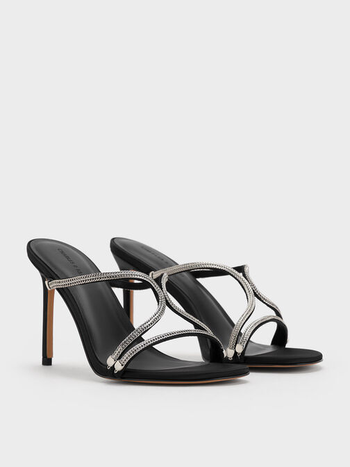 Satin Braided Strappy Heeled Mules, Black Textured, hi-res