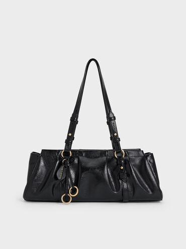 Tas Bahu Elongated Ruched Britton, Black, hi-res