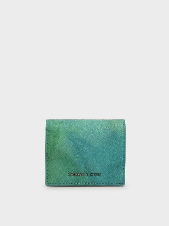 Front Flap Watercolour-Print Small Wallet, Teal, hi-res