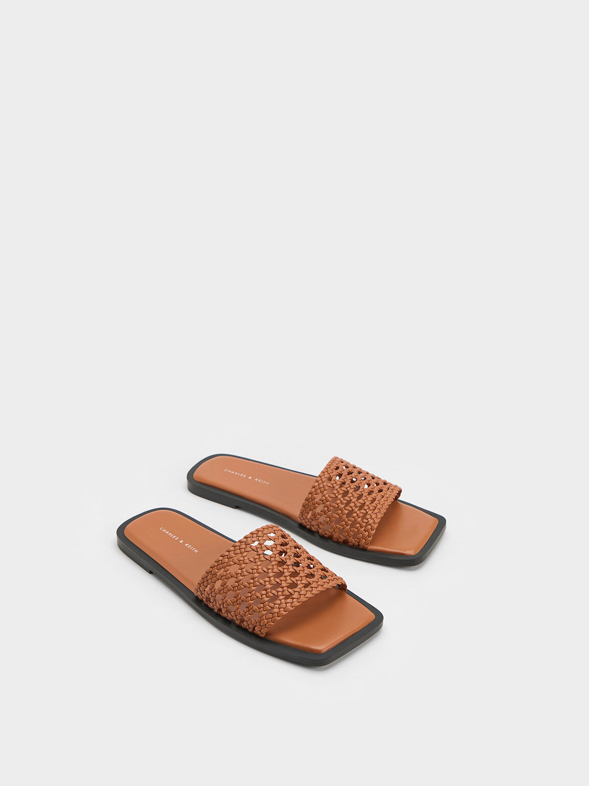 Sandal Slides Square-Toe Woven, Cognac, hi-res