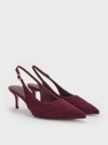 Ivette Faux Suede Woven Pointed-Toe Slingback Pumps, Burgundy, hi-res