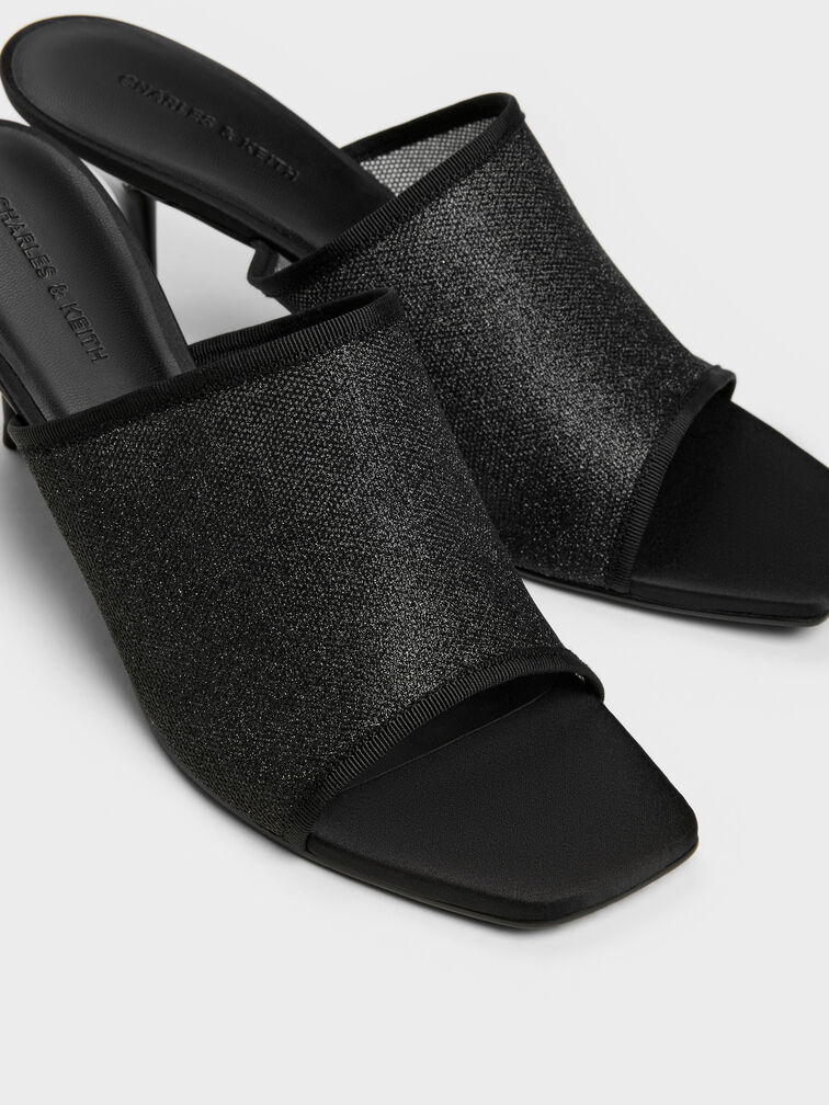 Sepatu Mules Heeled Glittered Mesh, Black Textured, hi-res