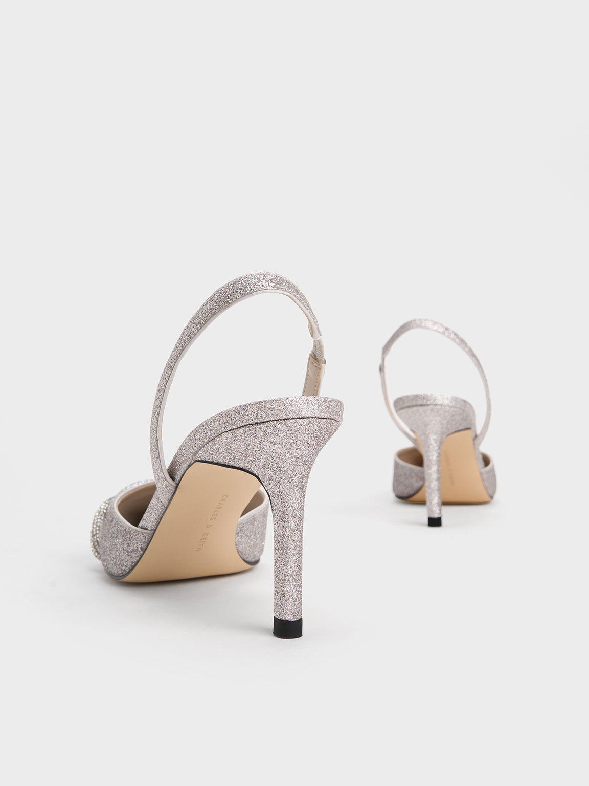 Sepatu Pumps Slingback Glittered Twist Detail, Silver, hi-res