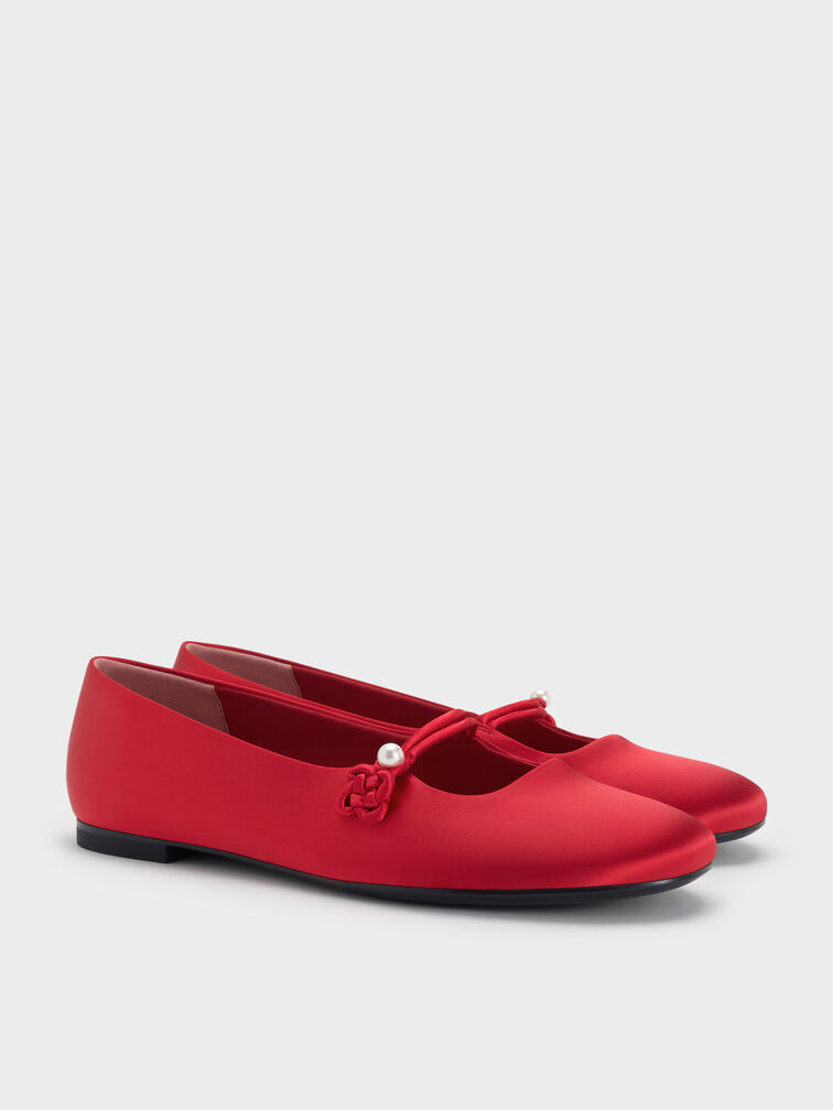 Sepatu Flats Mary Jane Knot-Pearl Orinda, Red, hi-res