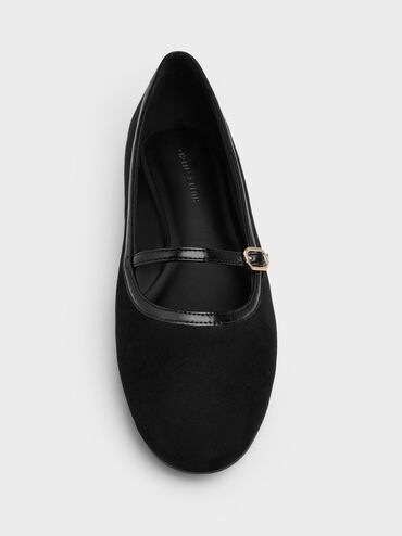 Sepatu Mary Janes Buckled-Strap Contrast-Trim Faux Suede, Black Textured, hi-res