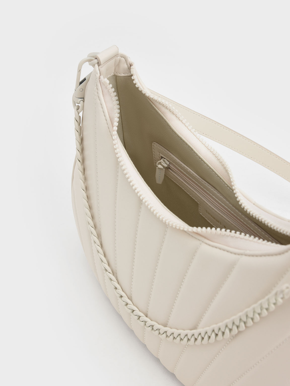 Aurora Chain Handle Panelled Crescent Bag, Cream, hi-res