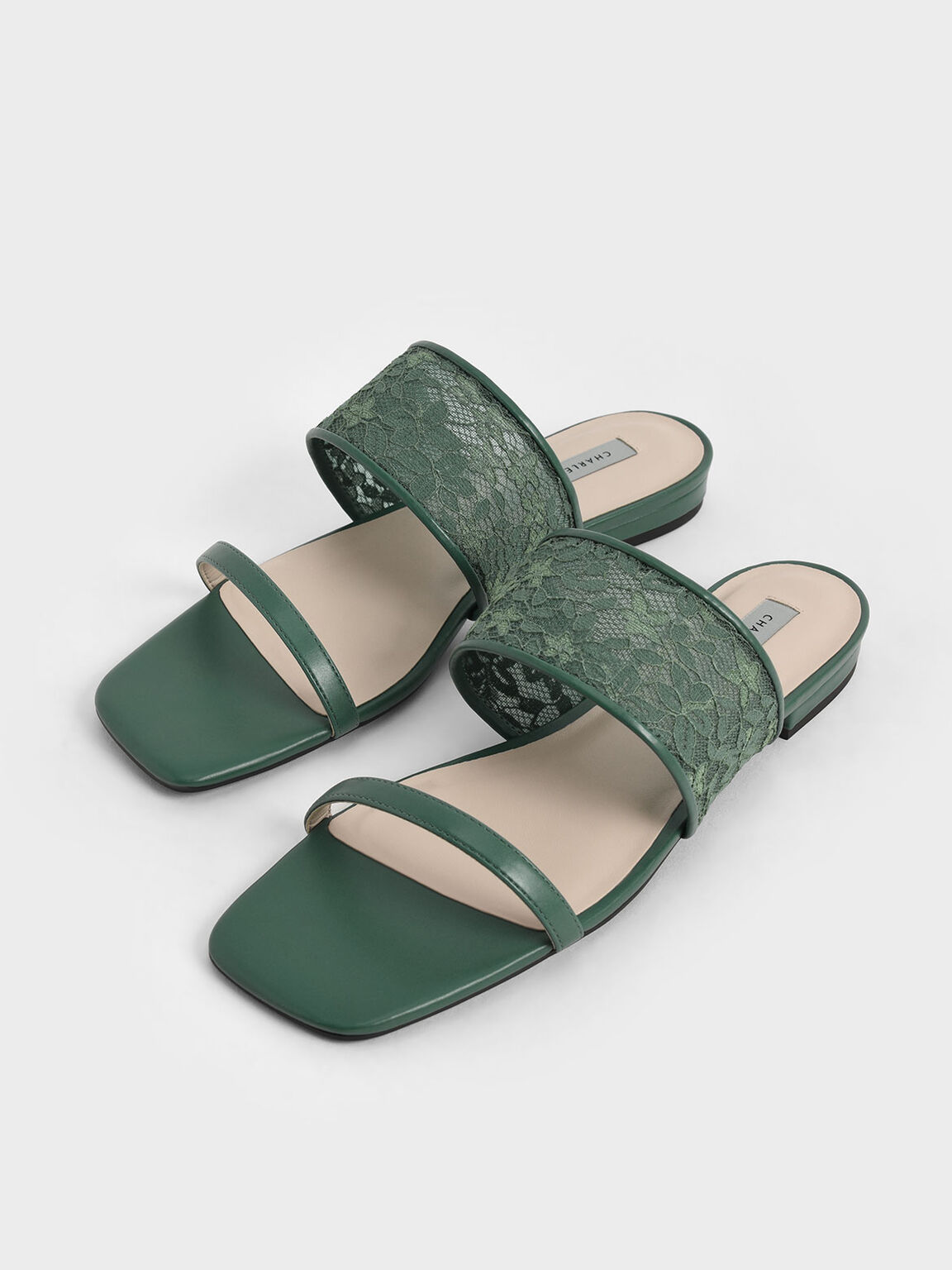 Lace & Mesh Slide Sandals, Green, hi-res
