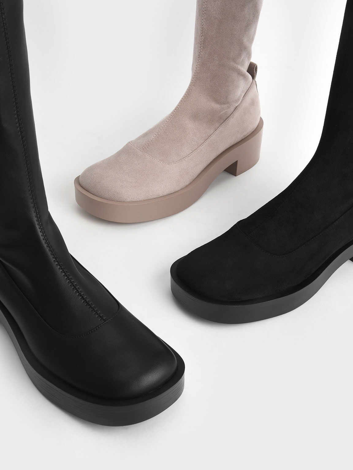 Sepatu Block Heel Boots Thigh-High Textured, Taupe, hi-res