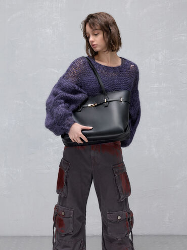 Tote Bag Double-Handle Belted Arlet, Black, hi-res