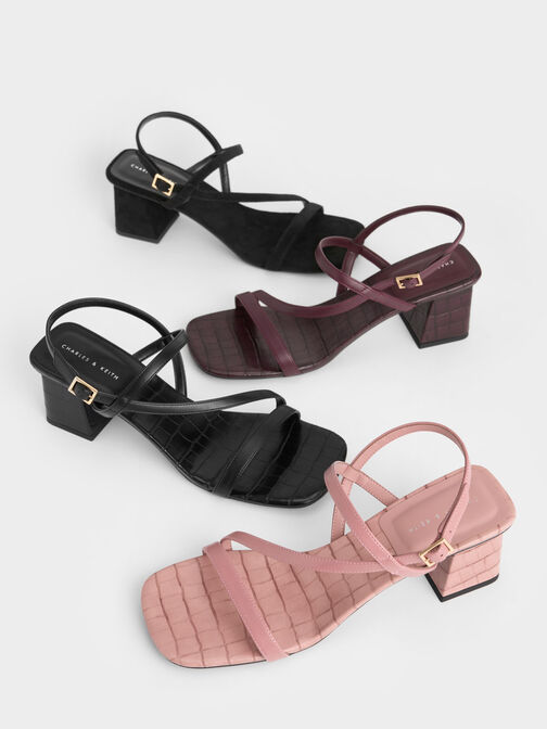 Croc-Effect Asymmetric Slingback Sandals, Pink, hi-res