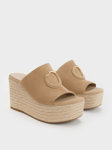 Sepatu Wedges Espadrille Metallic-Accent Faux Suede, Sand, hi-res