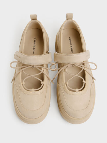 Sepatu Sneakers Platform Mary Jane Faux Suede, Beige, hi-res
