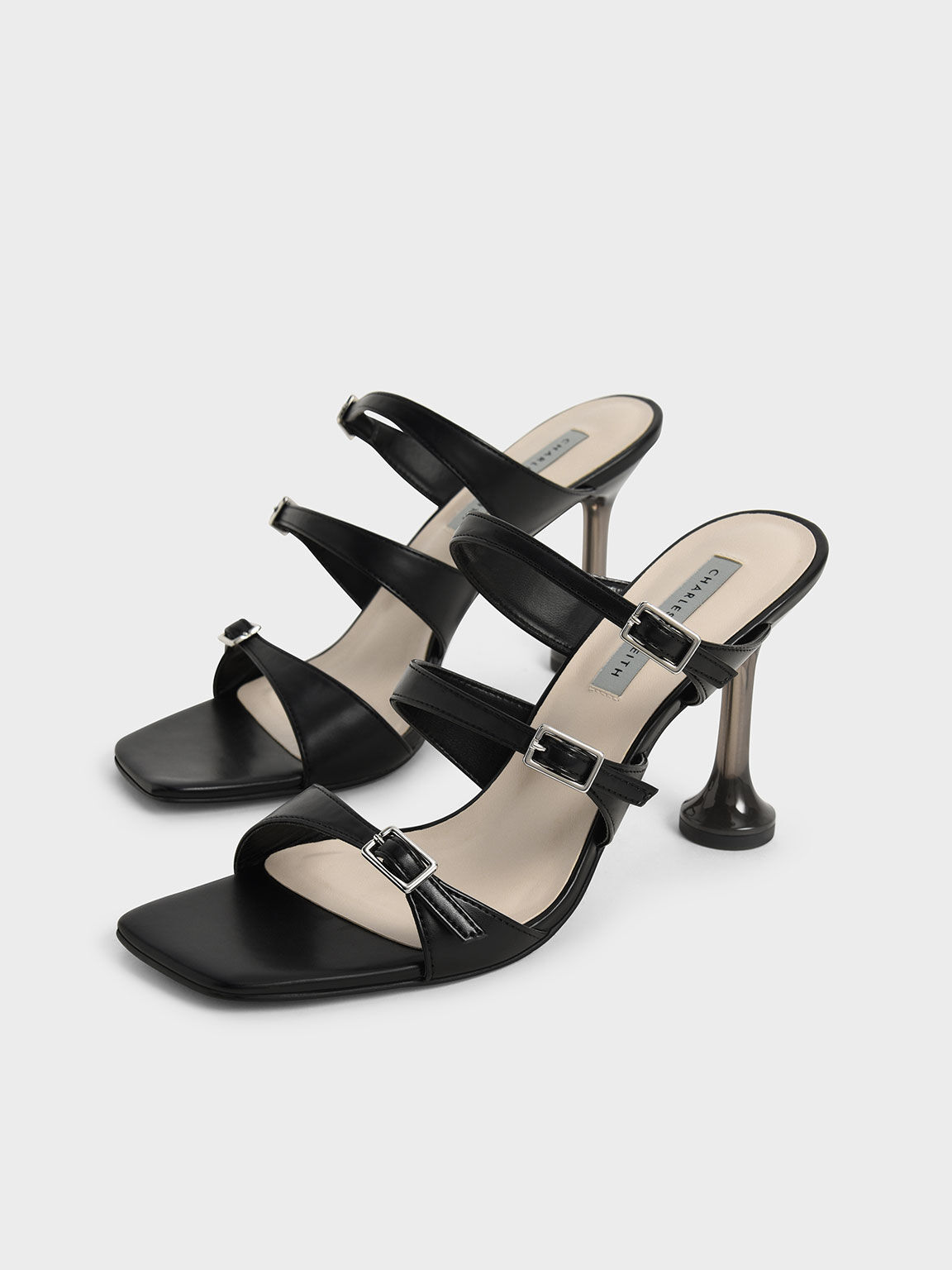 Sandal Mules Triple Strap Sculptural Heel, Black, hi-res