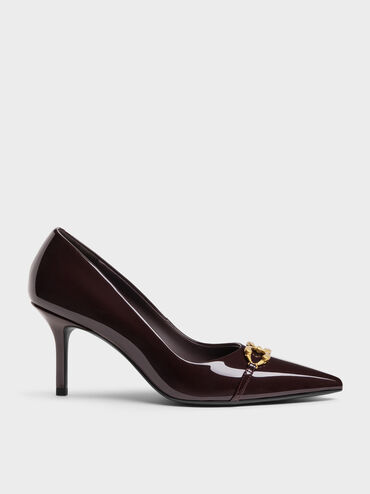 Sepatu Pumps Pointed Metallic-Buckle Patent, Burgundy, hi-res