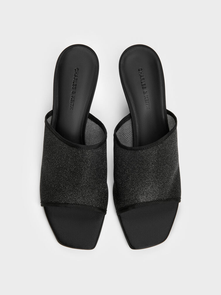 Sepatu Mules Heeled Glittered Mesh, Black Textured, hi-res