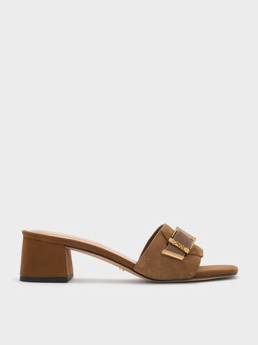 Sepatu Mules Block-Heel Buckle Suede & Leather Whitney, Brown, hi-res