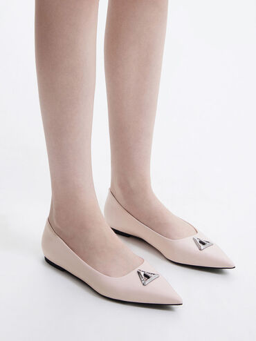 Sepatu Flats Trice Metallic Accent Pointed-Toe, Nude, hi-res