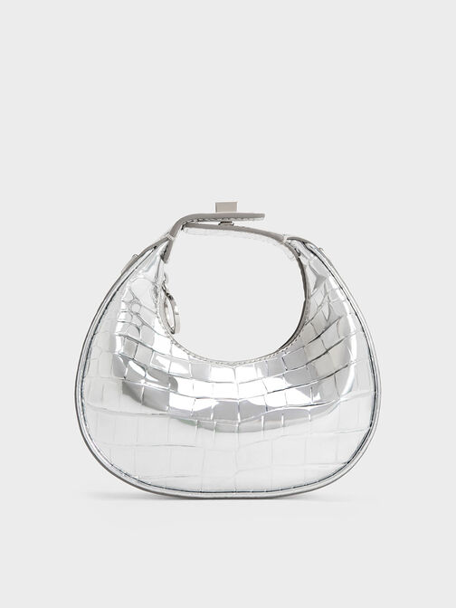 Mini Croc-Effect Metallic Moon Bag, Silver, hi-res