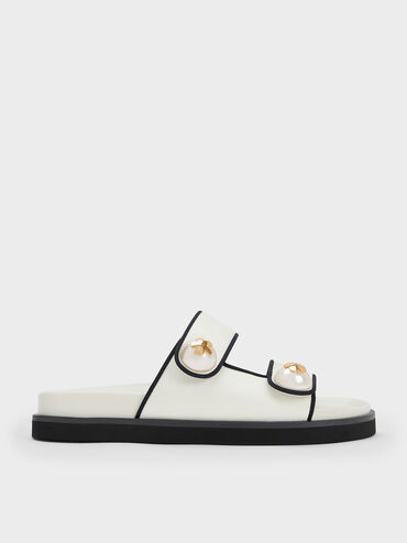 Sandal Slides Pearl Embellished Contrast-Trim, White, hi-res