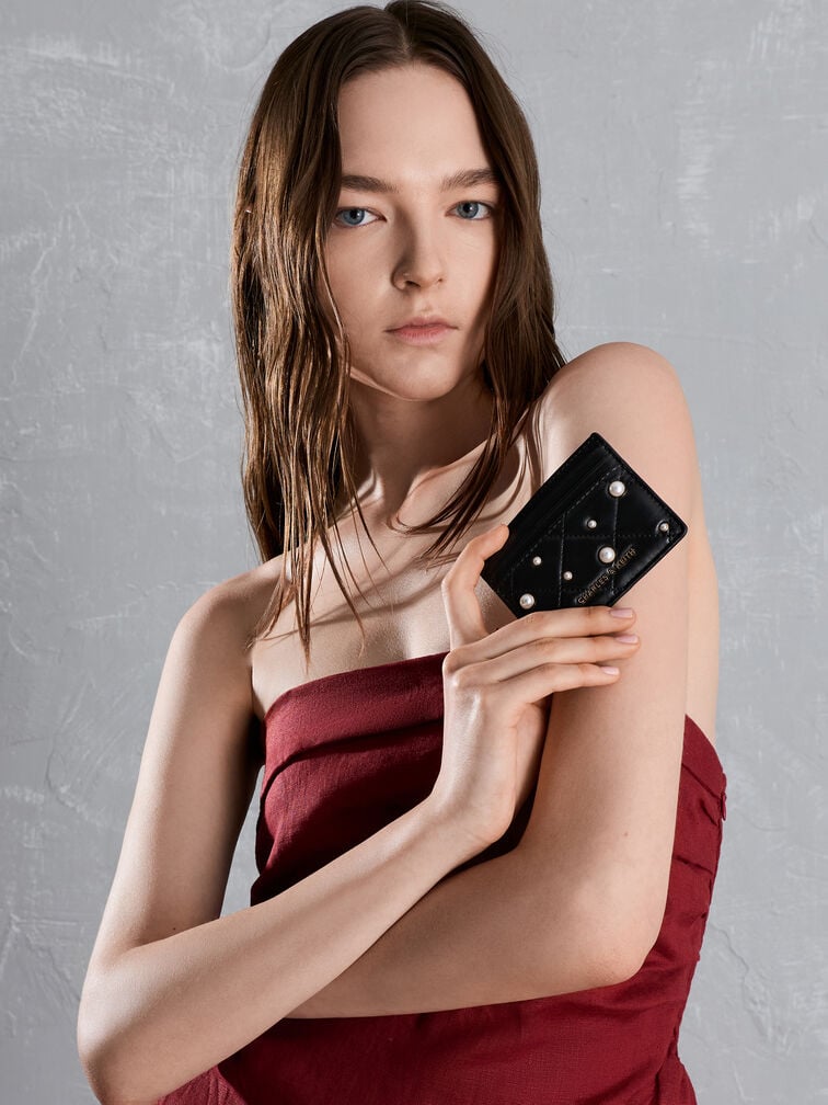 Card Holder Quilted Janie Pearl-Embellished, Black, hi-res