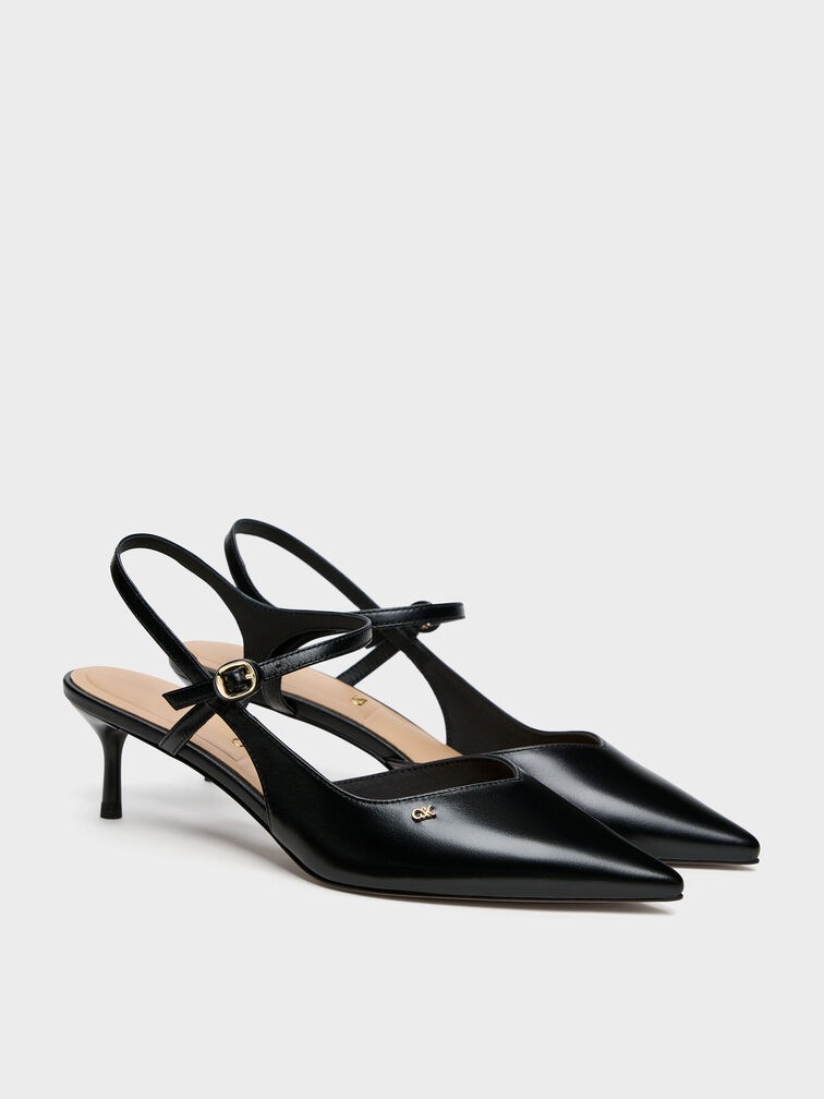 Leather Buckle-Strap Kitten Heels, Black, hi-res