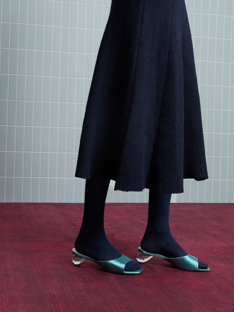 Sepatu Mules Crystal-Heel Satin, Teal, hi-res