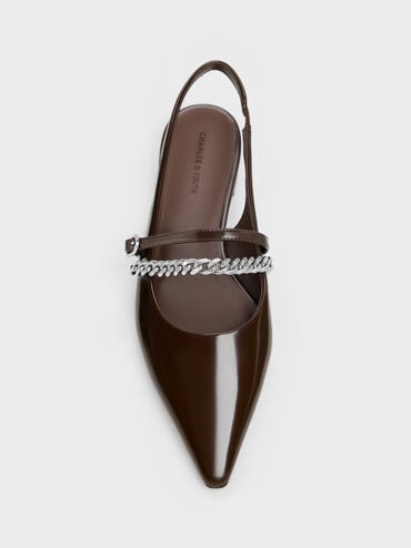 Sepatu Flats Slingback Chain Pointed Georgie, Dark Brown, hi-res