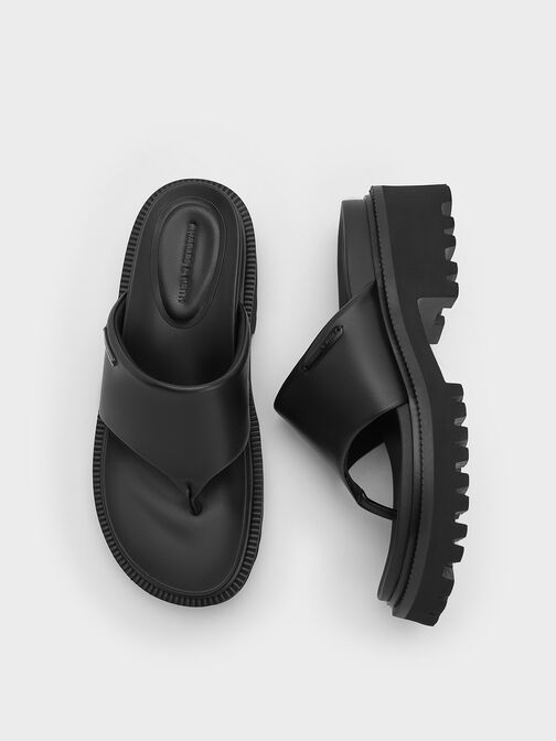 Sandal Thong Padded Ridged-Sole, Black, hi-res