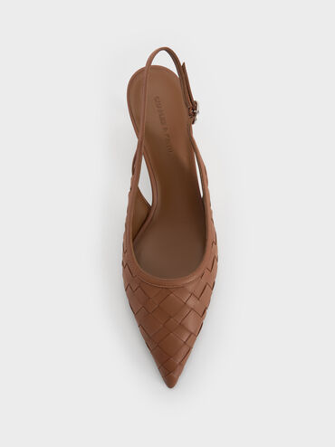 Sepatu Slingback Pumps Pointed-Toe Woven Ivette, Caramel, hi-res