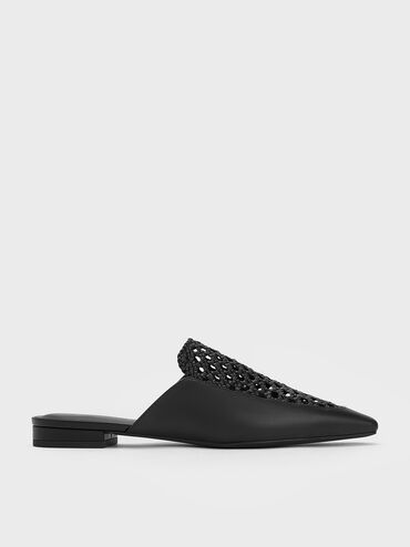 Woven Tapered Flat Mules, Black, hi-res