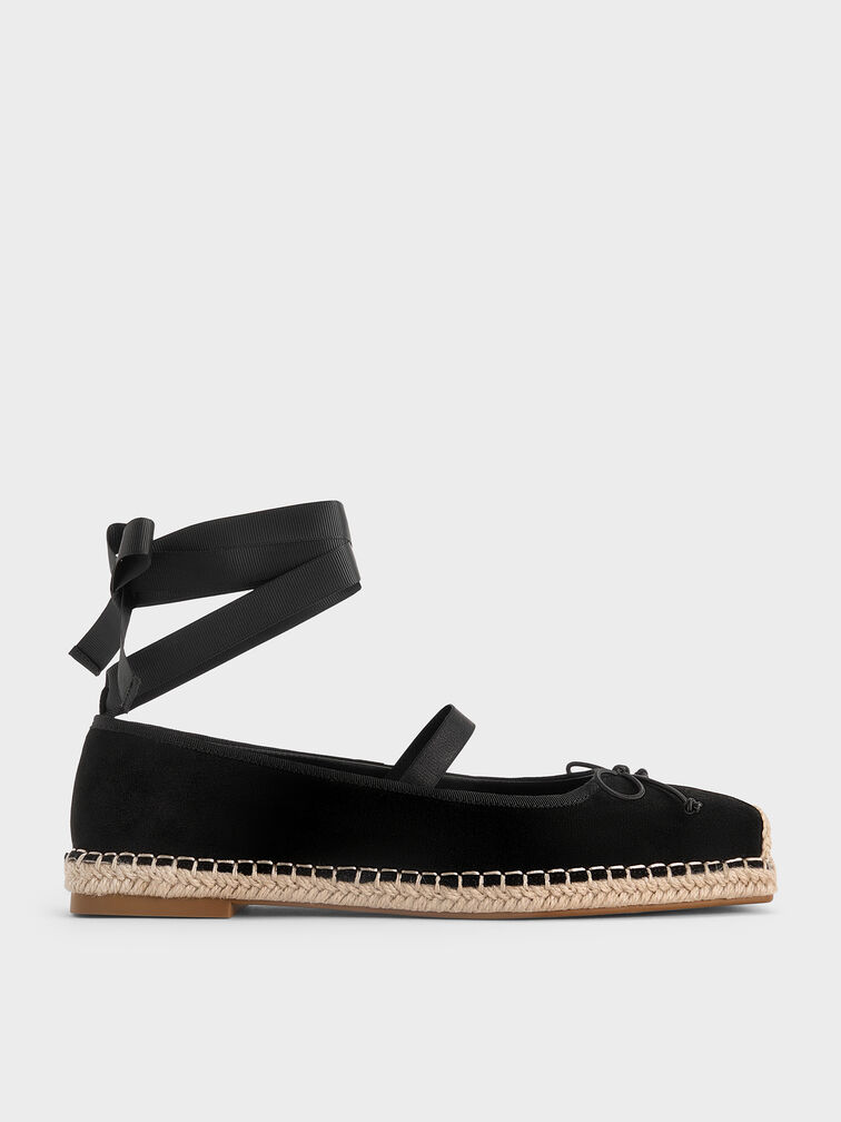Sepatu Flats Espadrille Tie-Around Faux Suede Bernadine, Black Textured, hi-res