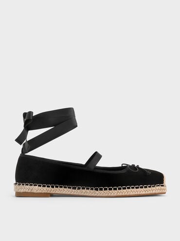 Bernadine Faux Suede Tie-Around Espadrille Flats, Black Textured, hi-res